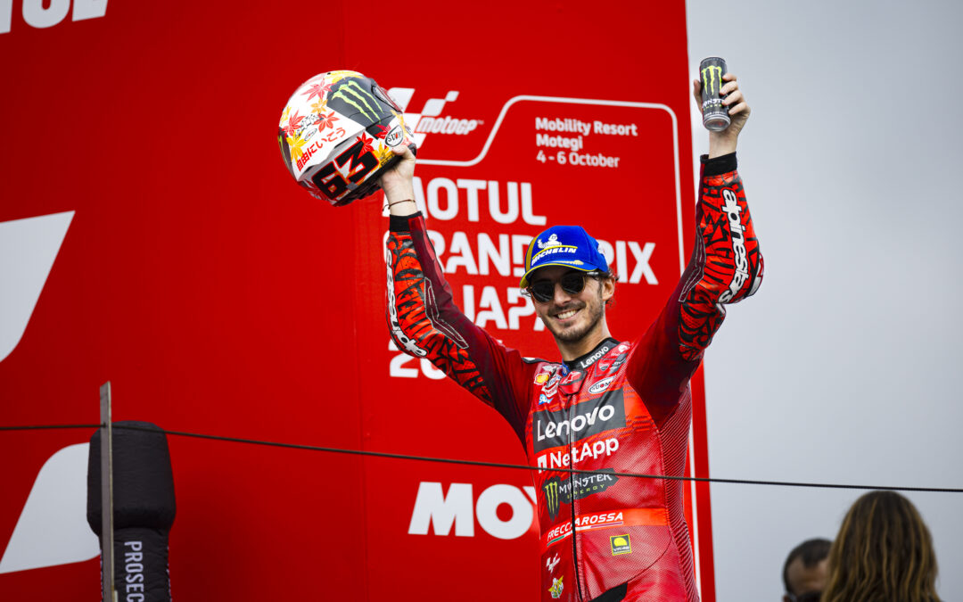 Bagnaia y el Ducati Lenovo Team conquistan la victoria en la carrera de Motegi. Cuarta posición para Bastianini